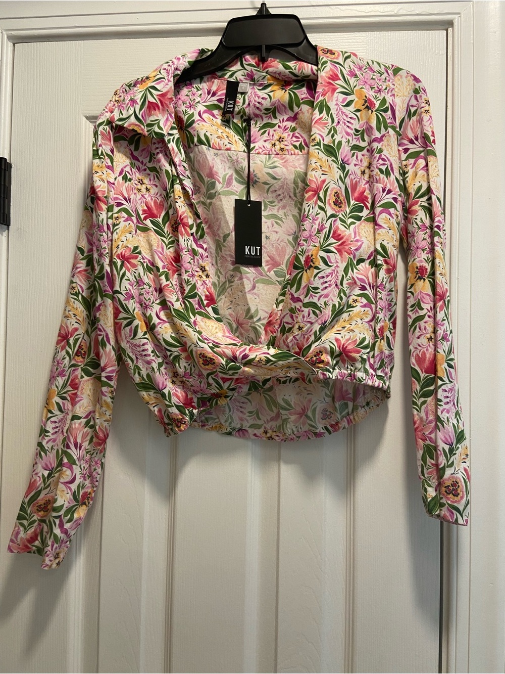 Kut from the Kloth Floral Wrap Crop Top in Pink, Green & Cream